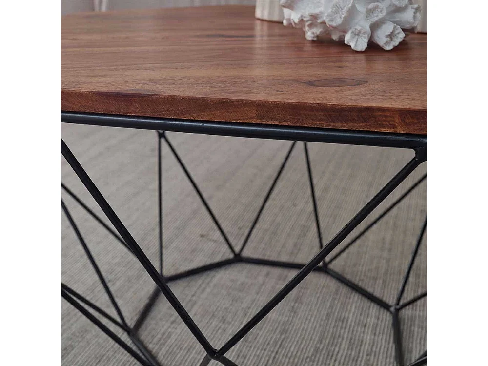 Achteckiger Couchtisch aus Sheesham Massivholz Draht-Gestell aus Edelstahl