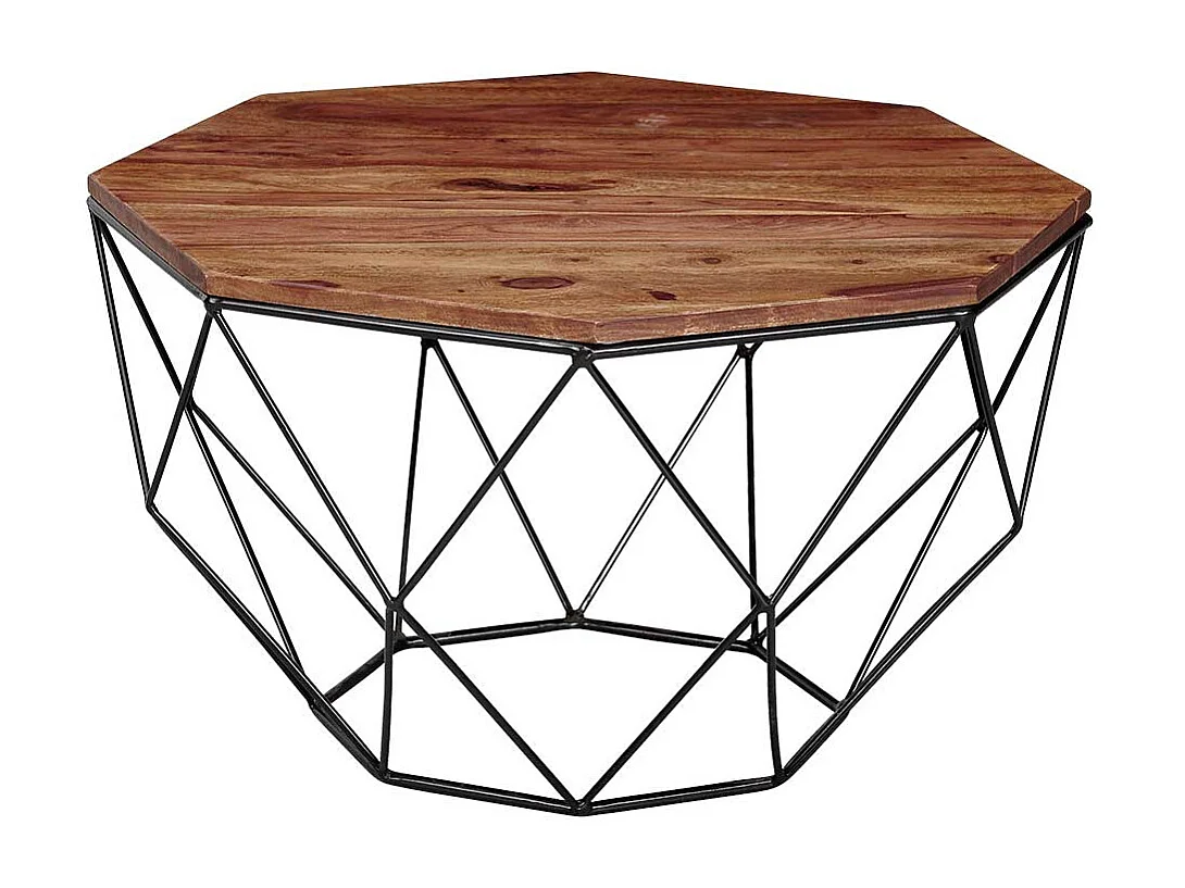 Achteckiger Couchtisch aus Sheesham Massivholz Draht-Gestell aus Edelstahl