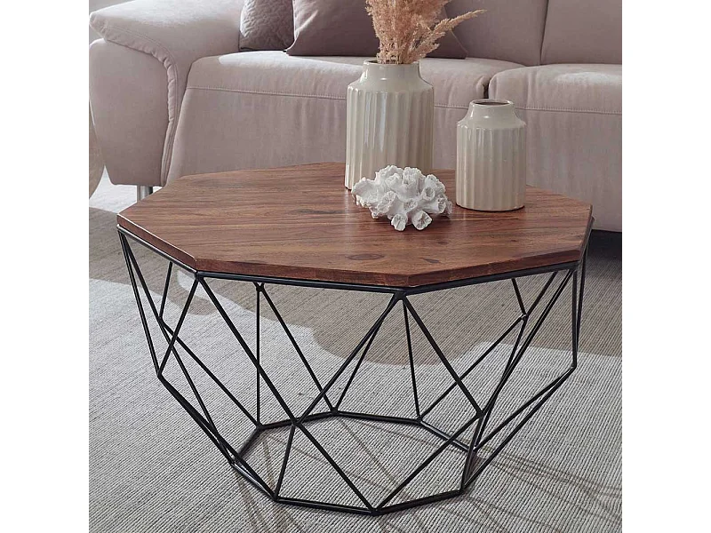 Achteckiger Couchtisch aus Sheesham Massivholz Draht-Gestell aus Edelstahl