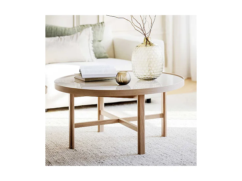 Moderner Sofatisch aus Keramik in Beige Eiche Massivholz