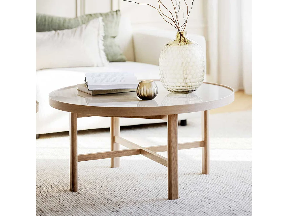 Moderner Sofatisch aus Keramik in Beige Eiche Massivholz