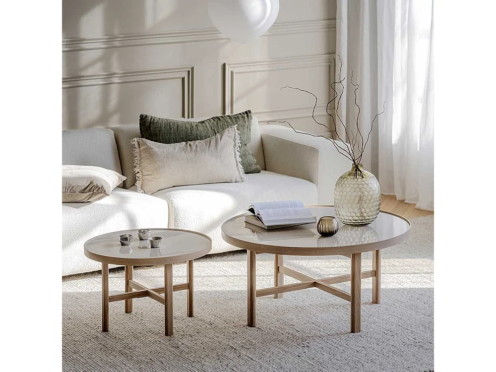 Moderner Sofatisch aus Keramik in Beige Eiche Massivholz