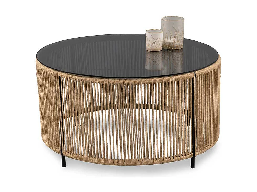 Wohnzimmertisch Sofatisch aus getöntem Glas und Geflecht