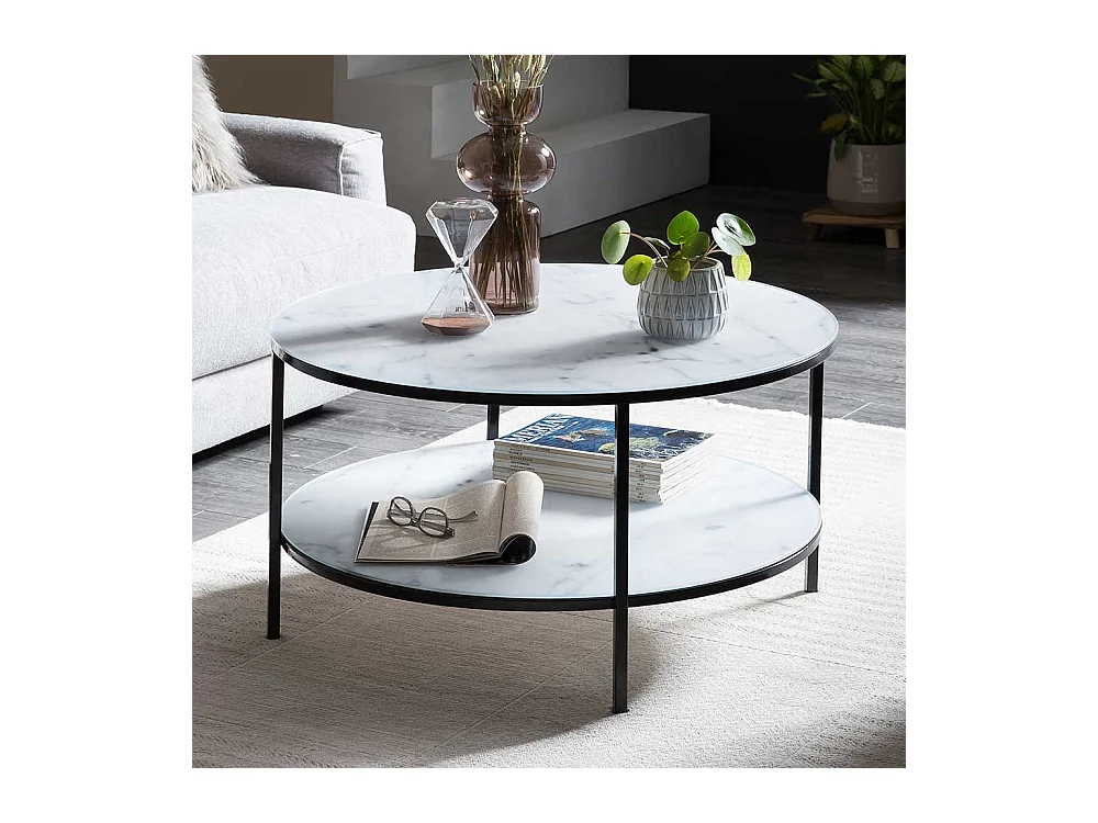 Runder Couchtisch mit Glasplatten Marmoroptik Weiß Grau