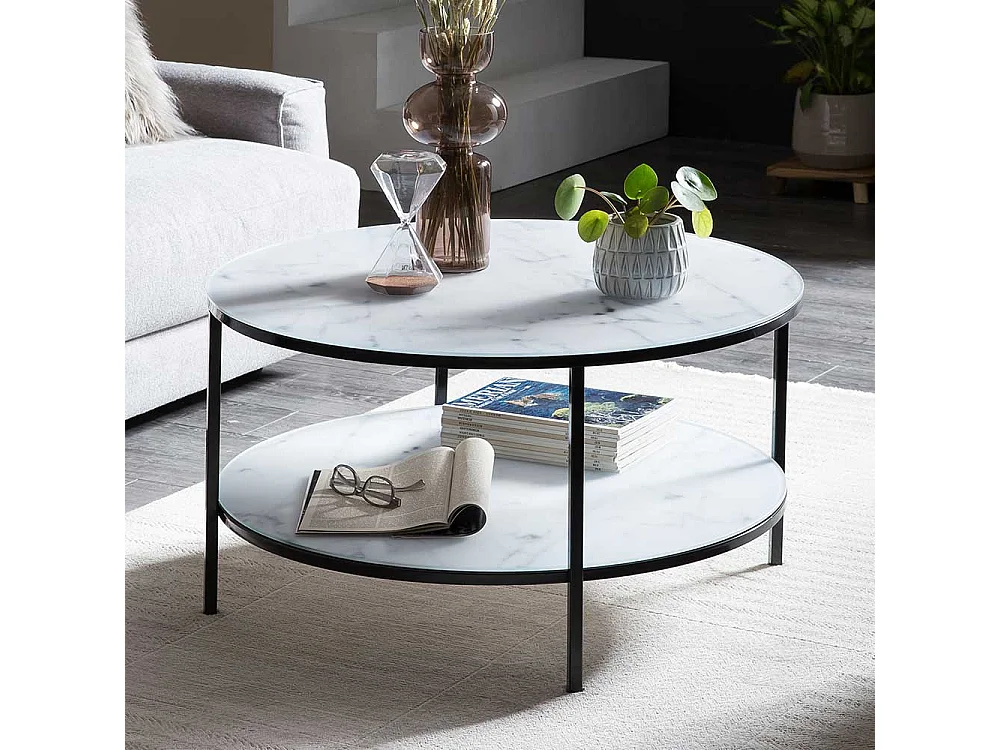 Runder Couchtisch mit Glasplatten Marmoroptik Weiß Grau