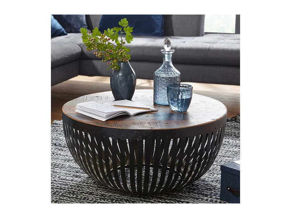 Design Wohnzimmertisch in Trommelform Eisen und Recyclingholz