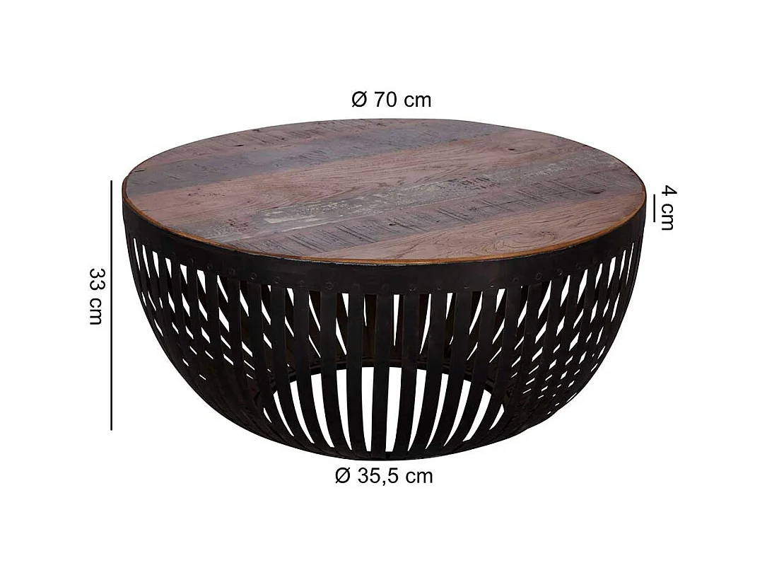 Design Wohnzimmertisch in Trommelform Eisen und Recyclingholz