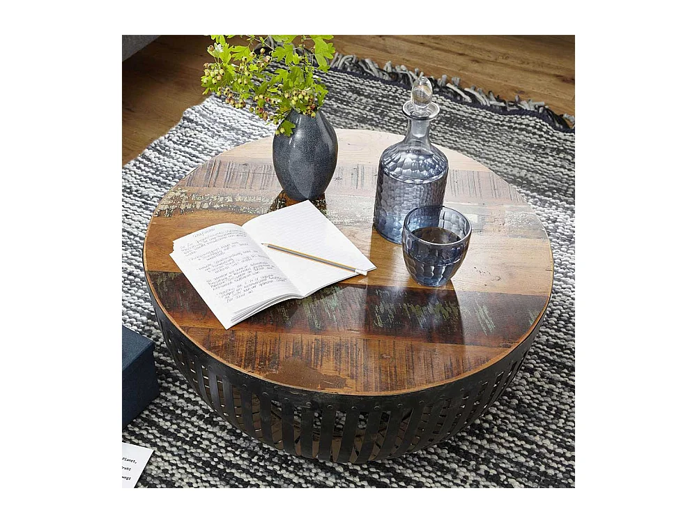Design Wohnzimmertisch in Trommelform Eisen und Recyclingholz