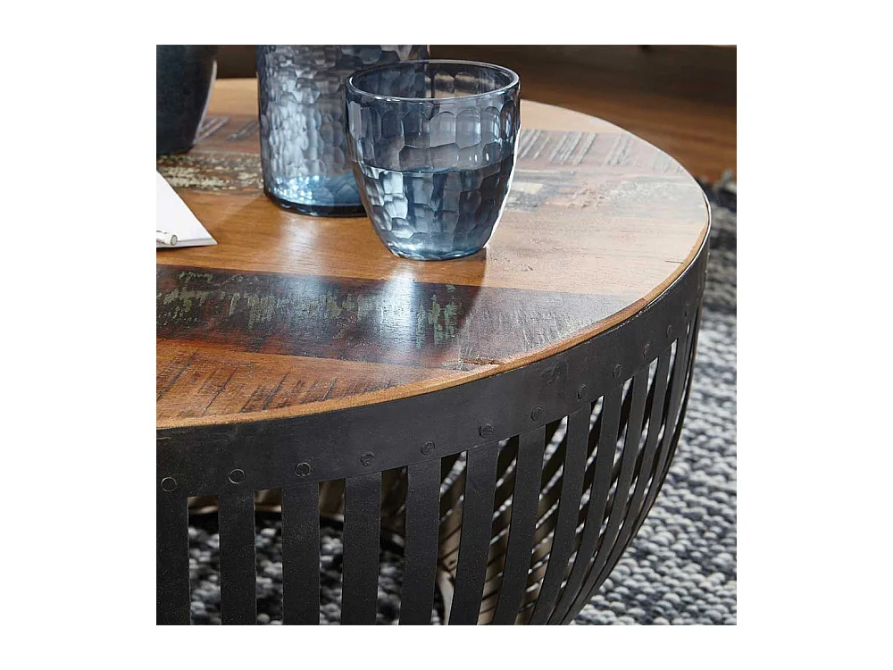 Design Wohnzimmertisch in Trommelform Eisen und Recyclingholz