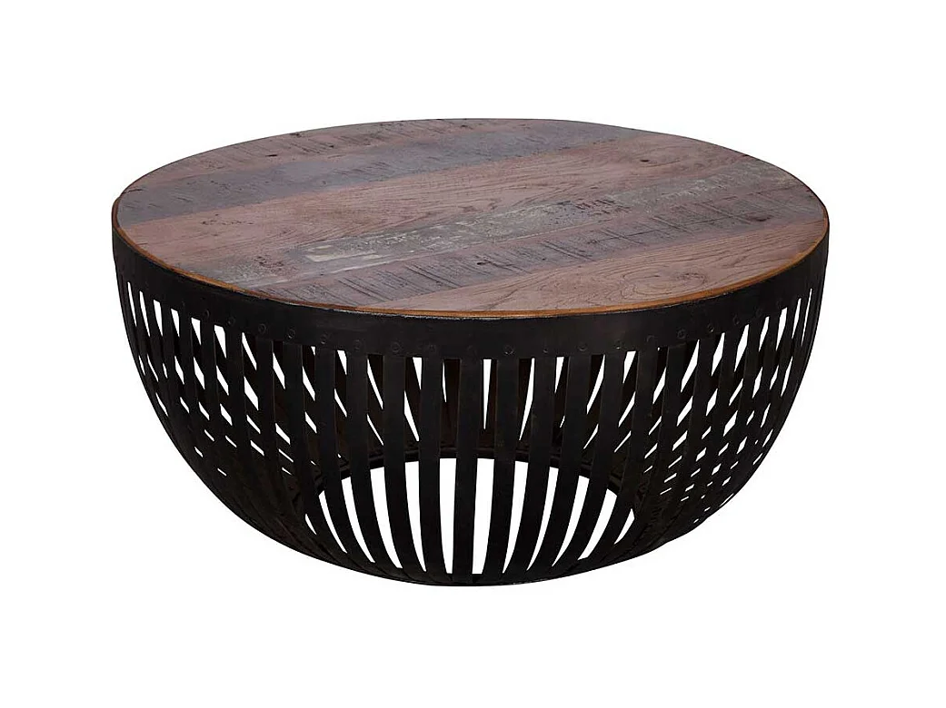Design Wohnzimmertisch in Trommelform Eisen und Recyclingholz