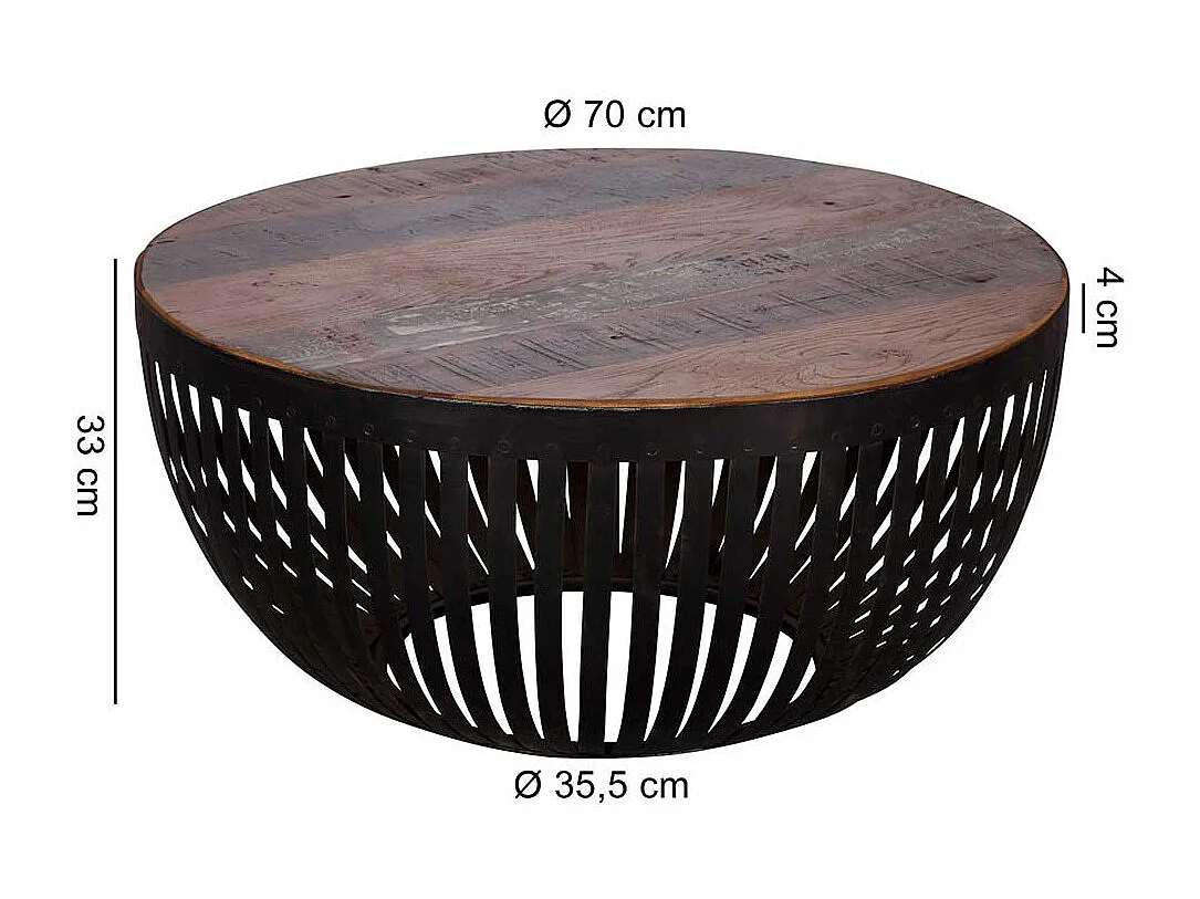 Design Wohnzimmertisch in Trommelform Eisen und Recyclingholz