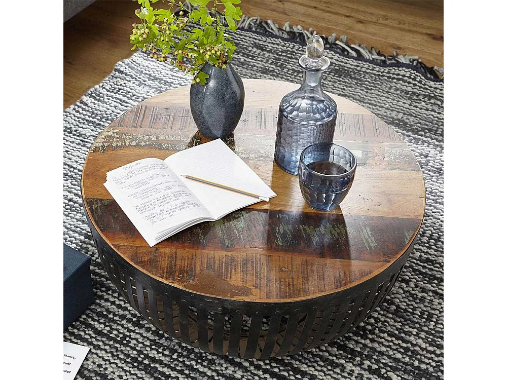 Design Wohnzimmertisch in Trommelform Eisen und Recyclingholz