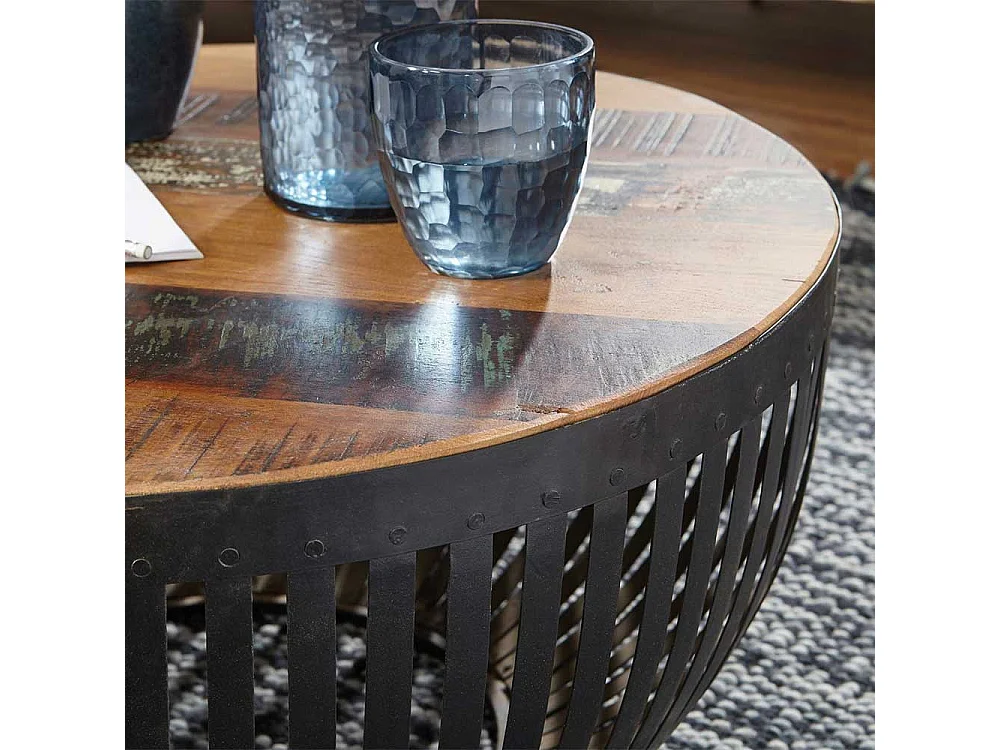Design Wohnzimmertisch in Trommelform Eisen und Recyclingholz