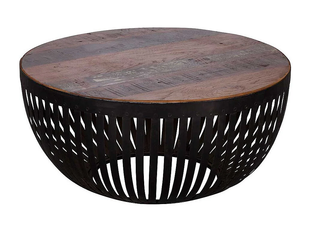 Design Wohnzimmertisch in Trommelform Eisen und Recyclingholz