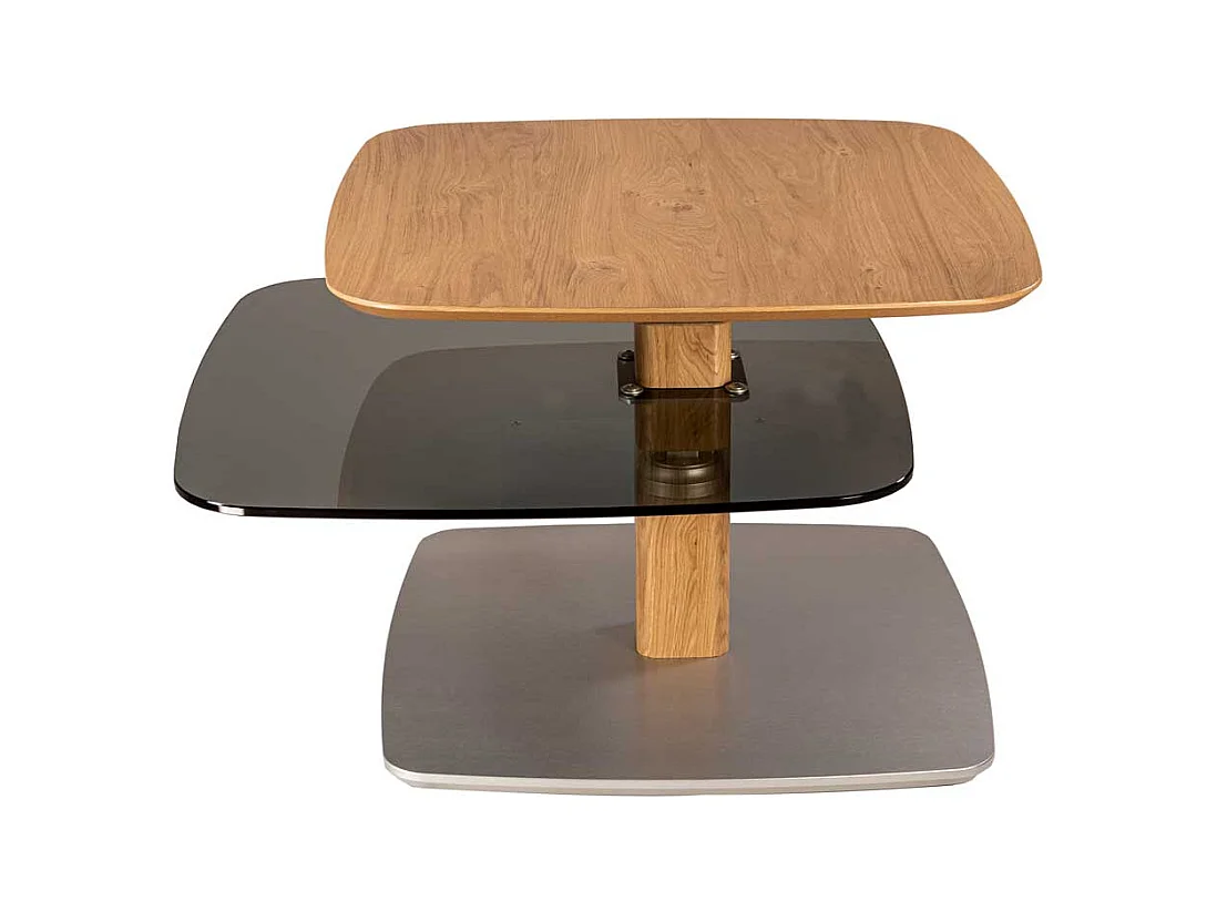 Sofa Tisch aus Parsolglas und Wildeiche Massivholz höhenverstellbar