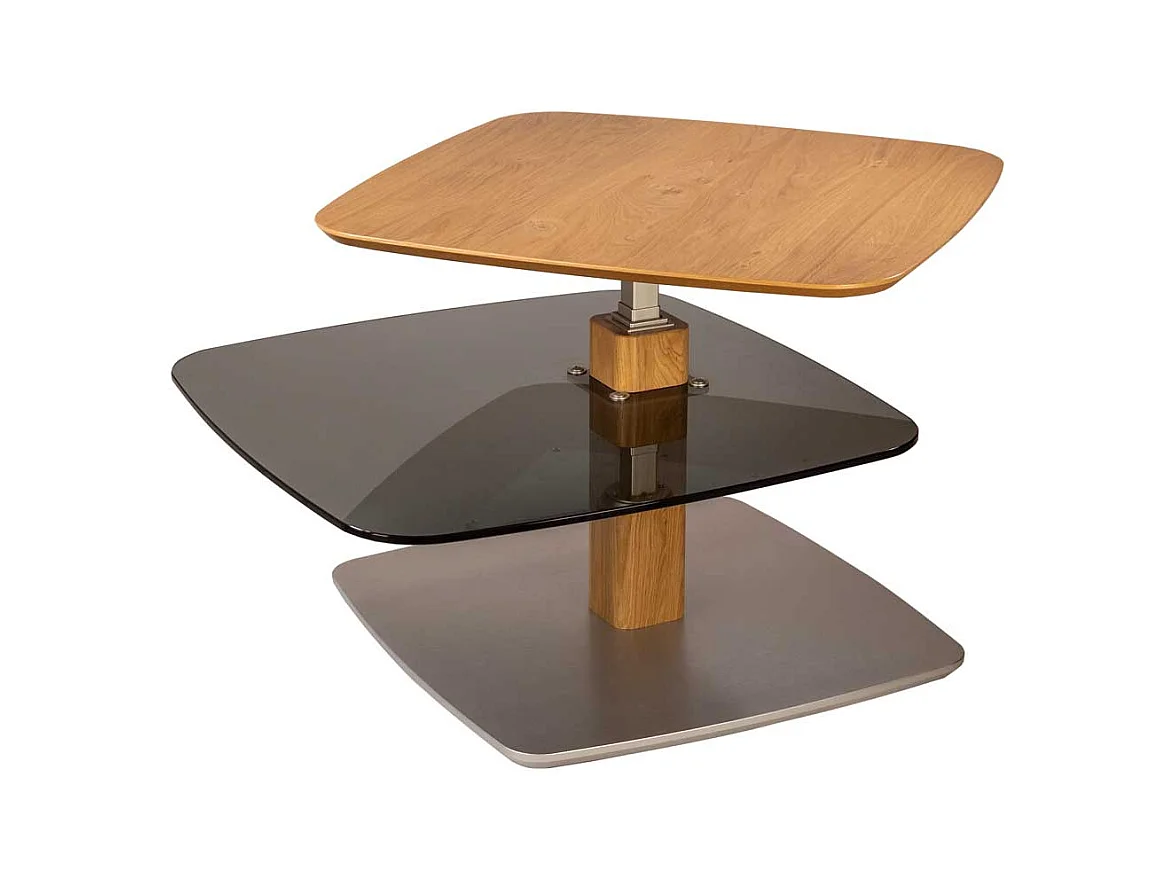 Sofa Tisch aus Parsolglas und Wildeiche Massivholz höhenverstellbar