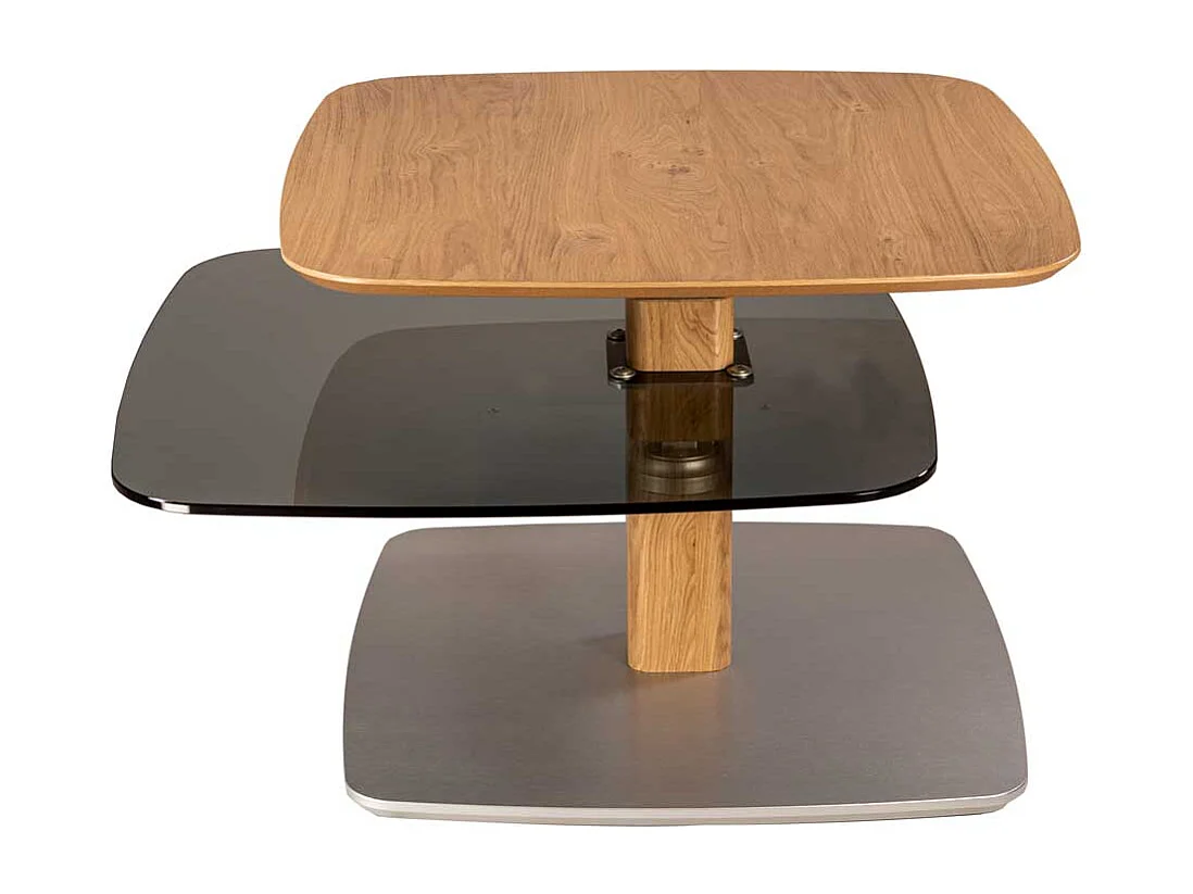 Sofa Tisch aus Parsolglas und Wildeiche Massivholz höhenverstellbar