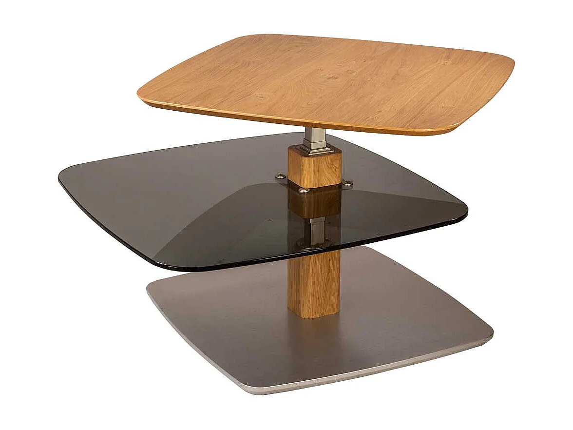 Sofa Tisch aus Parsolglas und Wildeiche Massivholz höhenverstellbar