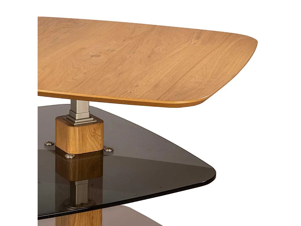 Sofa Tisch aus Parsolglas und Wildeiche Massivholz höhenverstellbar