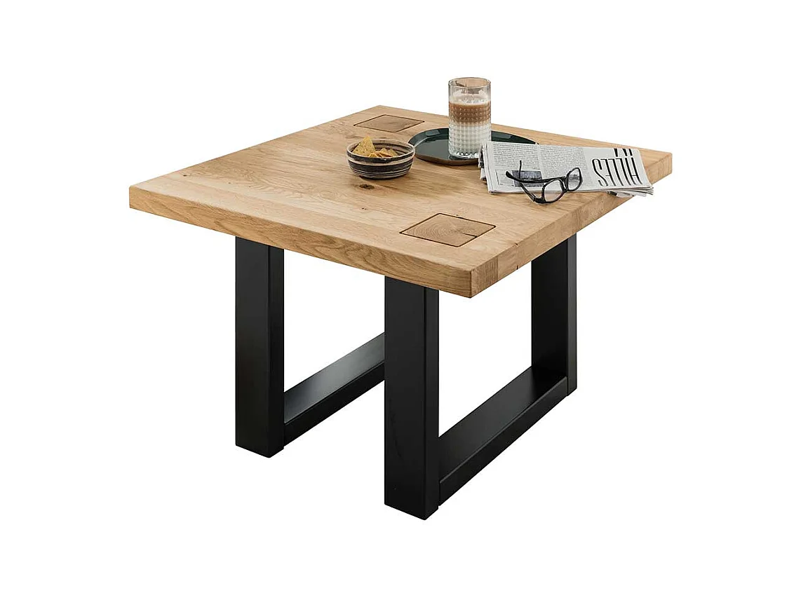 Wildeiche Wohnzimmertisch mit Metall Bügelgestell Hirnholz Einlage