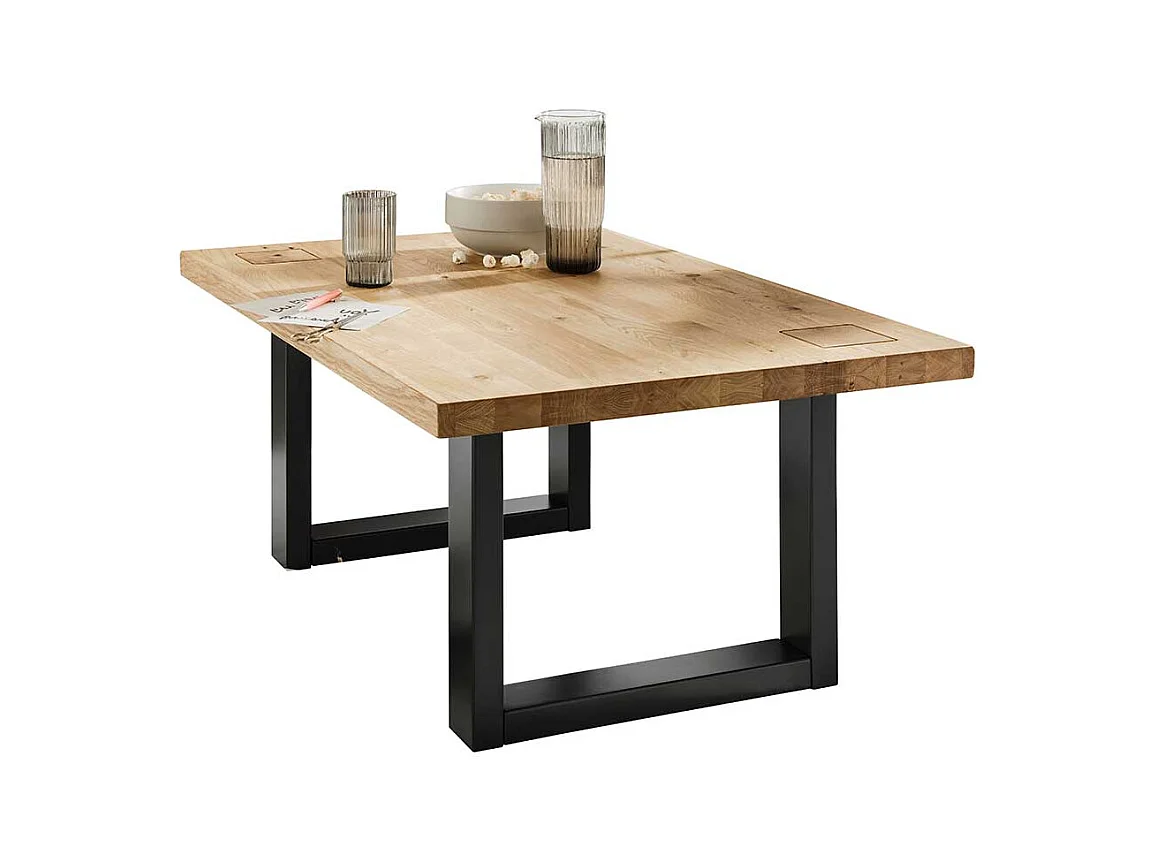 Wildeiche Wohnzimmertisch mit Metall Bügelgestell Hirnholz Einlage