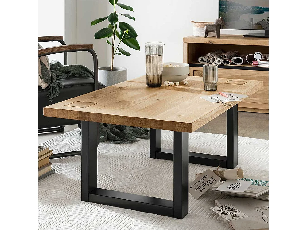 Wildeiche Wohnzimmertisch mit Metall Bügelgestell Hirnholz Einlage