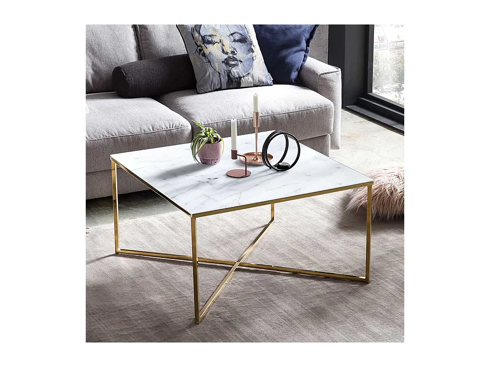 Wohnzimmertisch in Weiß Hellgrau Gold Glasplatte Marmoroptik