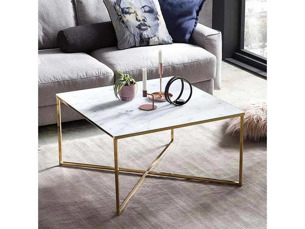 Wohnzimmertisch in Weiß Hellgrau Gold Glasplatte Marmoroptik