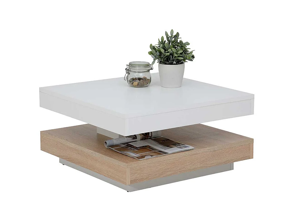 Sofatisch in Weiß und Sonoma Eiche drehbarer Platte