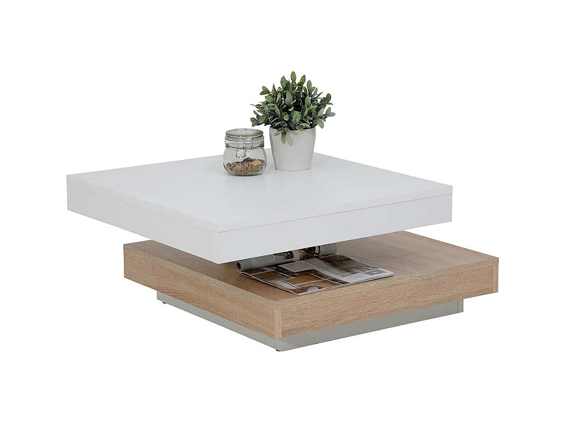 Sofatisch in Weiß und Sonoma Eiche drehbarer Platte