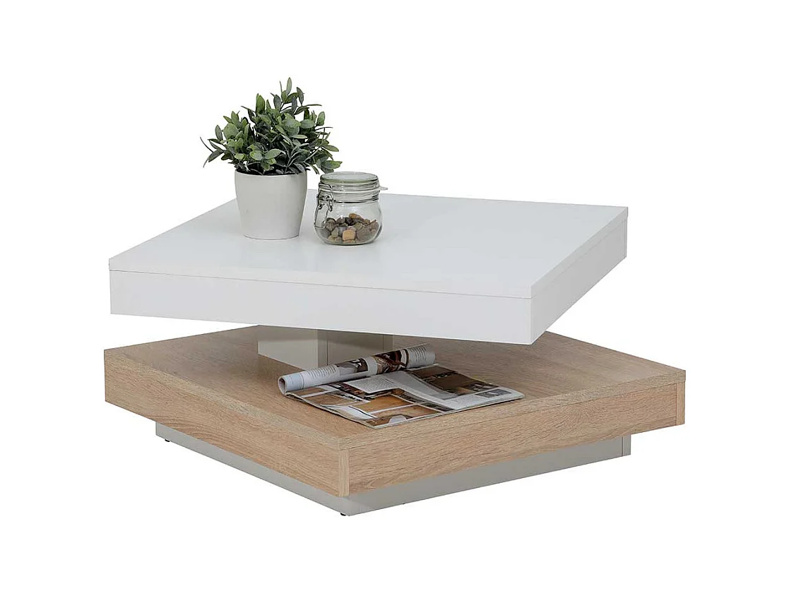 Sofatisch in Weiß und Sonoma Eiche drehbarer Platte
