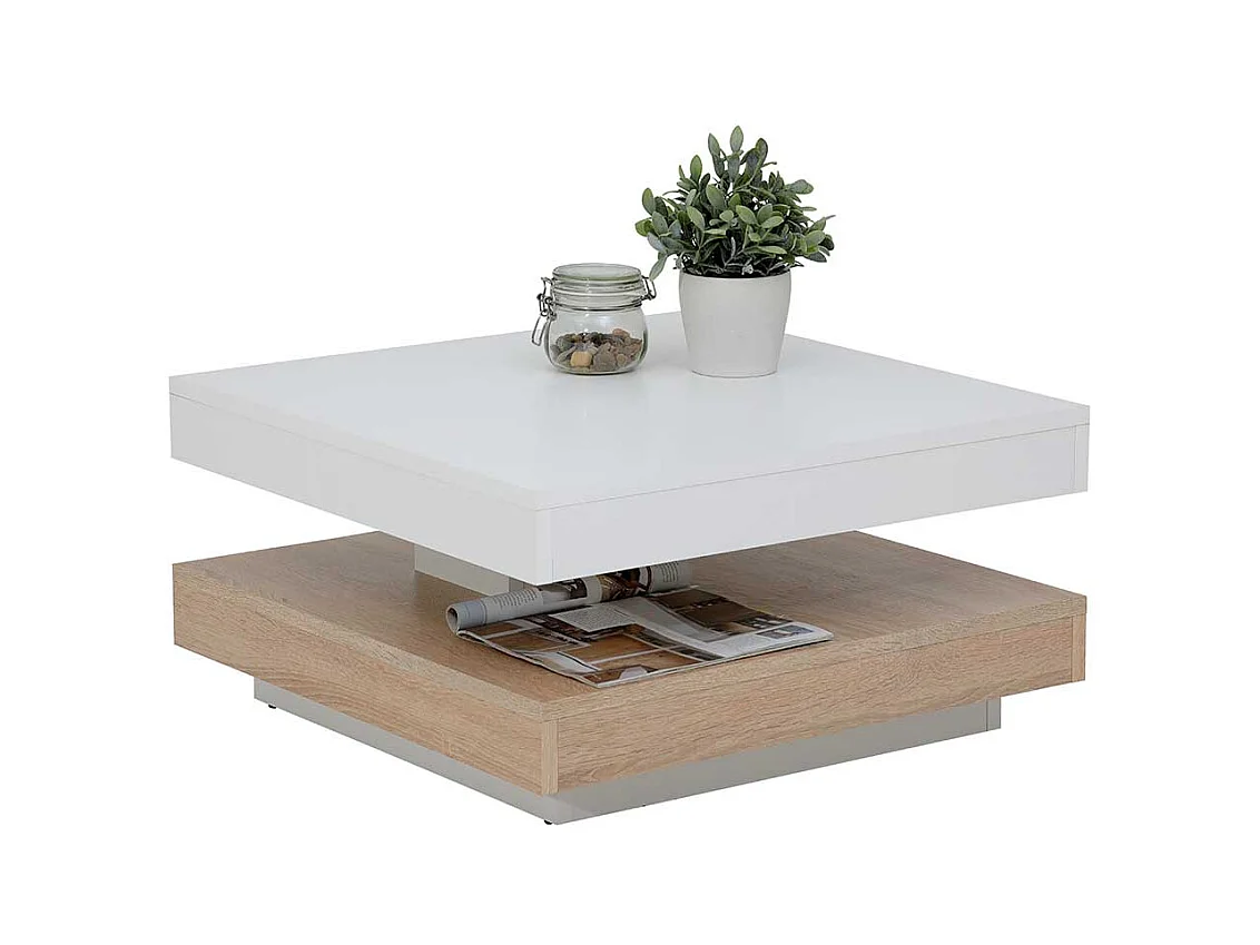Sofatisch in Weiß und Sonoma Eiche drehbarer Platte