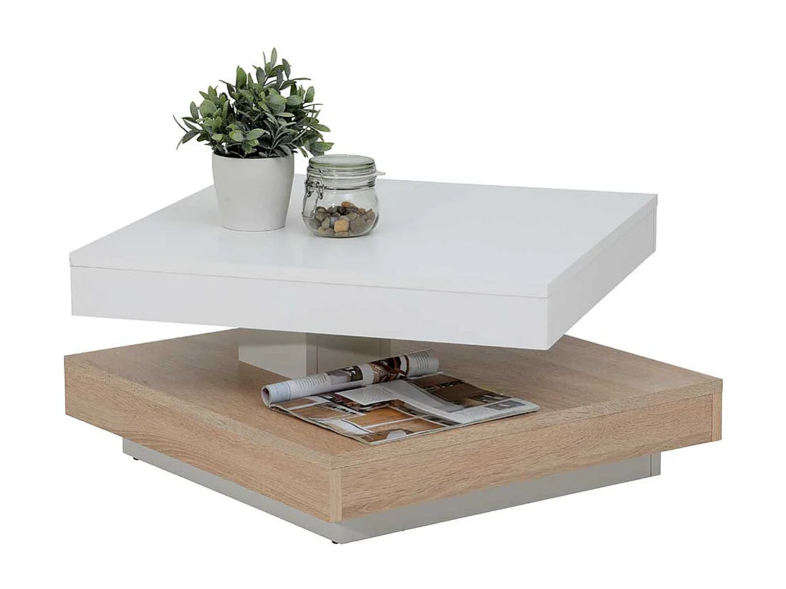 Sofatisch in Weiß und Sonoma Eiche drehbarer Platte