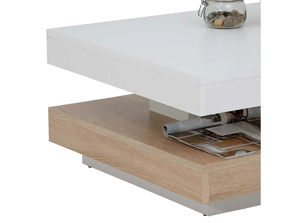 Sofatisch in Weiß und Sonoma Eiche drehbarer Platte