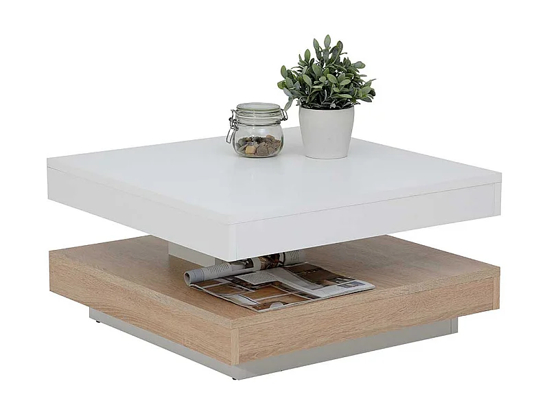 Sofatisch in Weiß und Sonoma Eiche drehbarer Platte