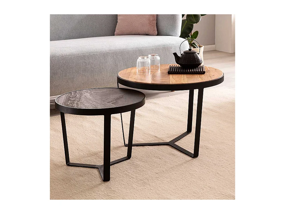 Couchtisch Set Sofatische in Anthrazit und Akaziefarben (zweiteilig)