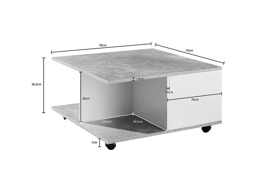 Rollen Couchtisch in Beton Grau und Weiß 70 cm breit