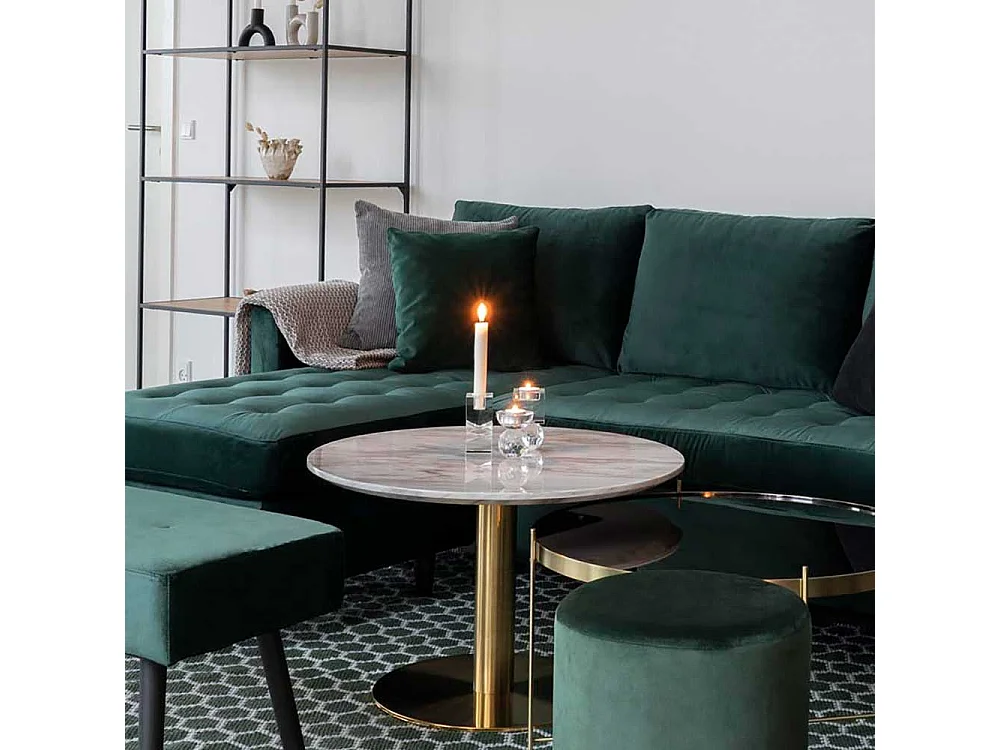 Runder Couchtisch in Messingfarben und Hellgrau marmoriert 45 cm hoch