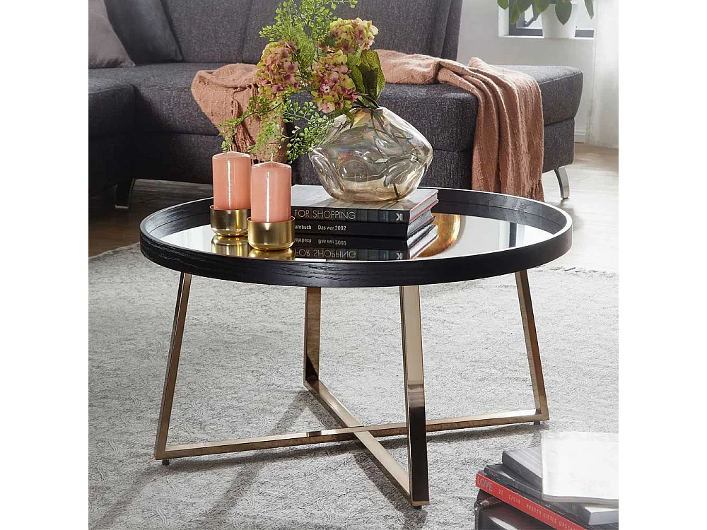 Salontisch in Schwarz und Altgoldfarben runder Spiegelglas Platte