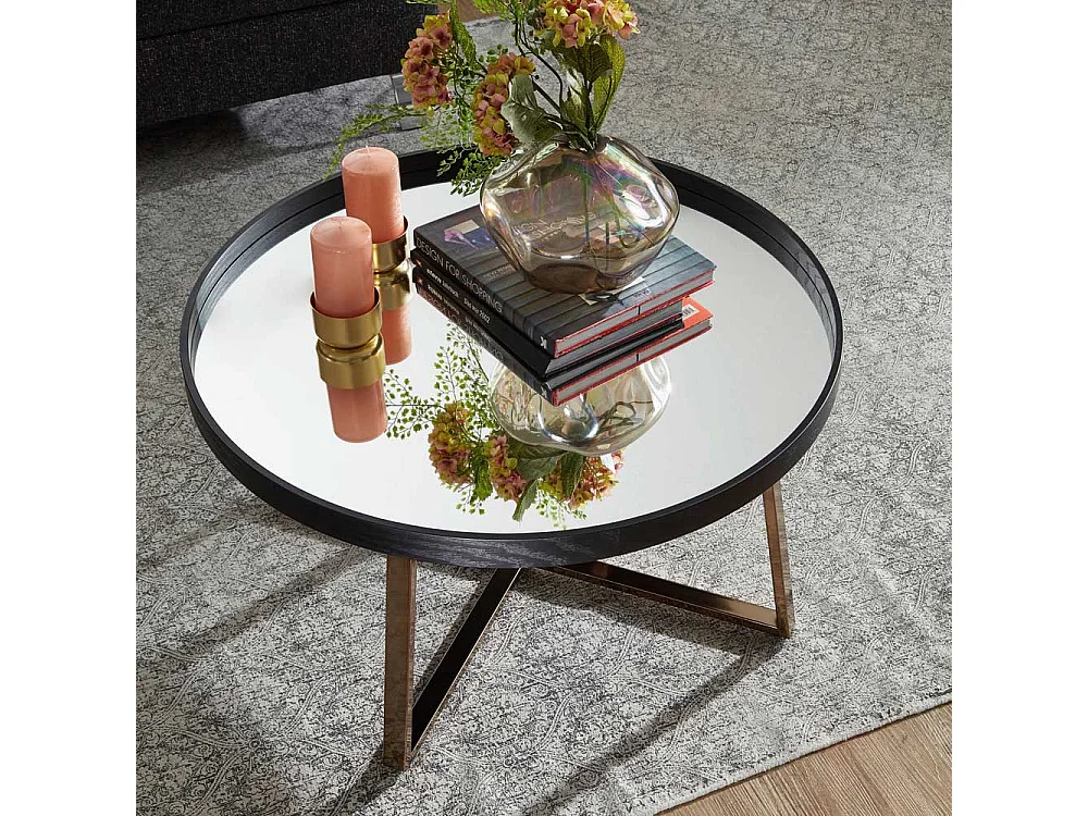 Salontisch in Schwarz und Altgoldfarben runder Spiegelglas Platte