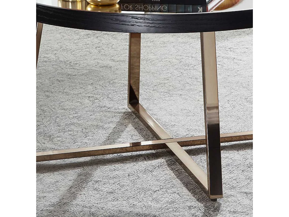 Salontisch in Schwarz und Altgoldfarben runder Spiegelglas Platte