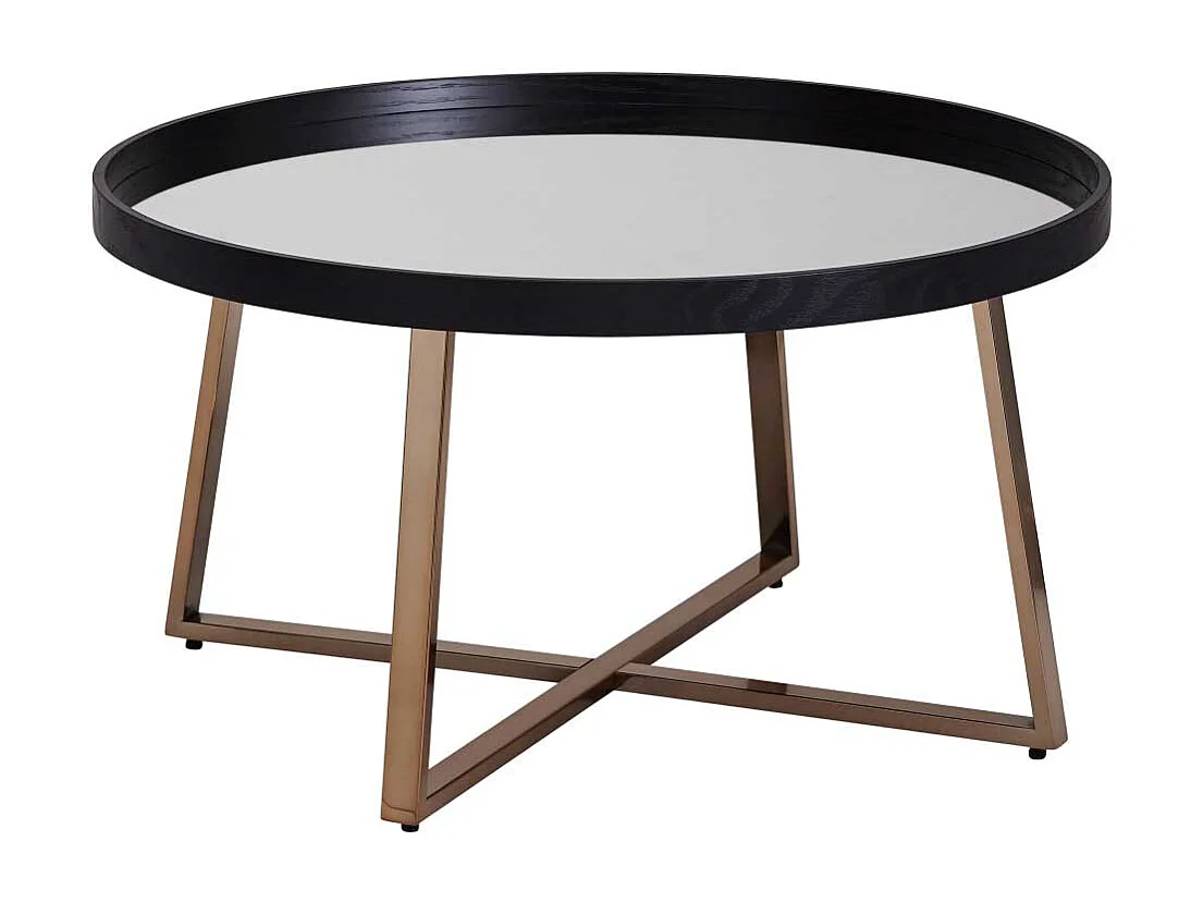 Salontisch in Schwarz und Altgoldfarben runder Spiegelglas Platte