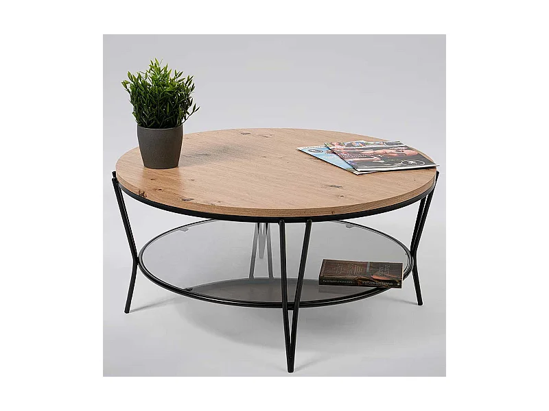 Runder Sofa Tisch in Wildeichefarben und Schwarz 80 cm Durchmesser