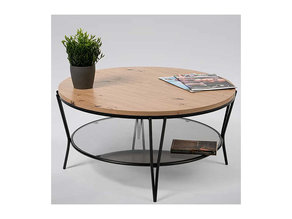 Runder Sofa Tisch in Wildeichefarben und Schwarz 80 cm Durchmesser