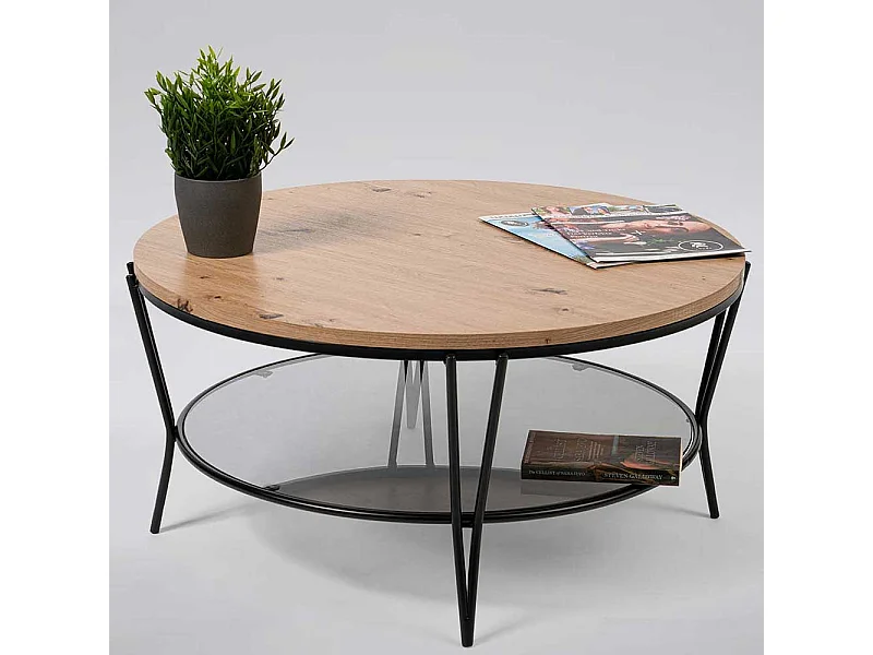 Runder Sofa Tisch in Wildeichefarben und Schwarz 80 cm Durchmesser