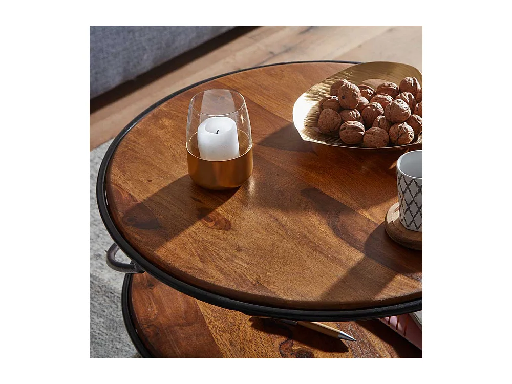 Moderner Wohnzimmertisch mit zwei Ablagen Sheesham Massivholz