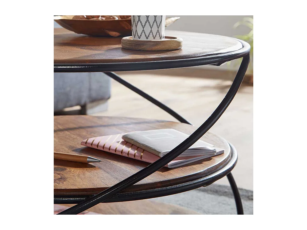 Moderner Wohnzimmertisch mit zwei Ablagen Sheesham Massivholz