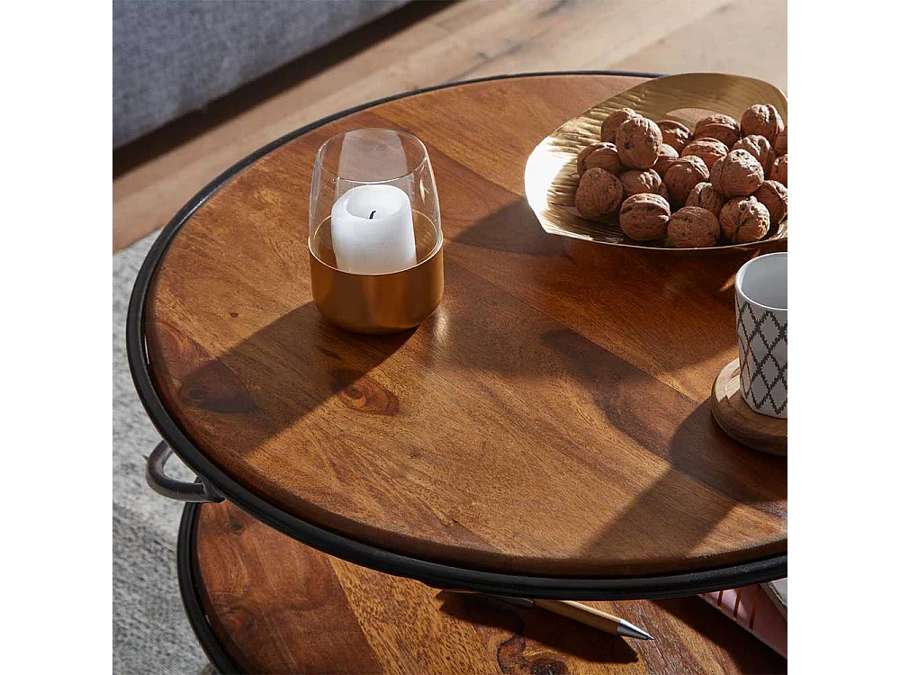 Moderner Wohnzimmertisch mit zwei Ablagen Sheesham Massivholz