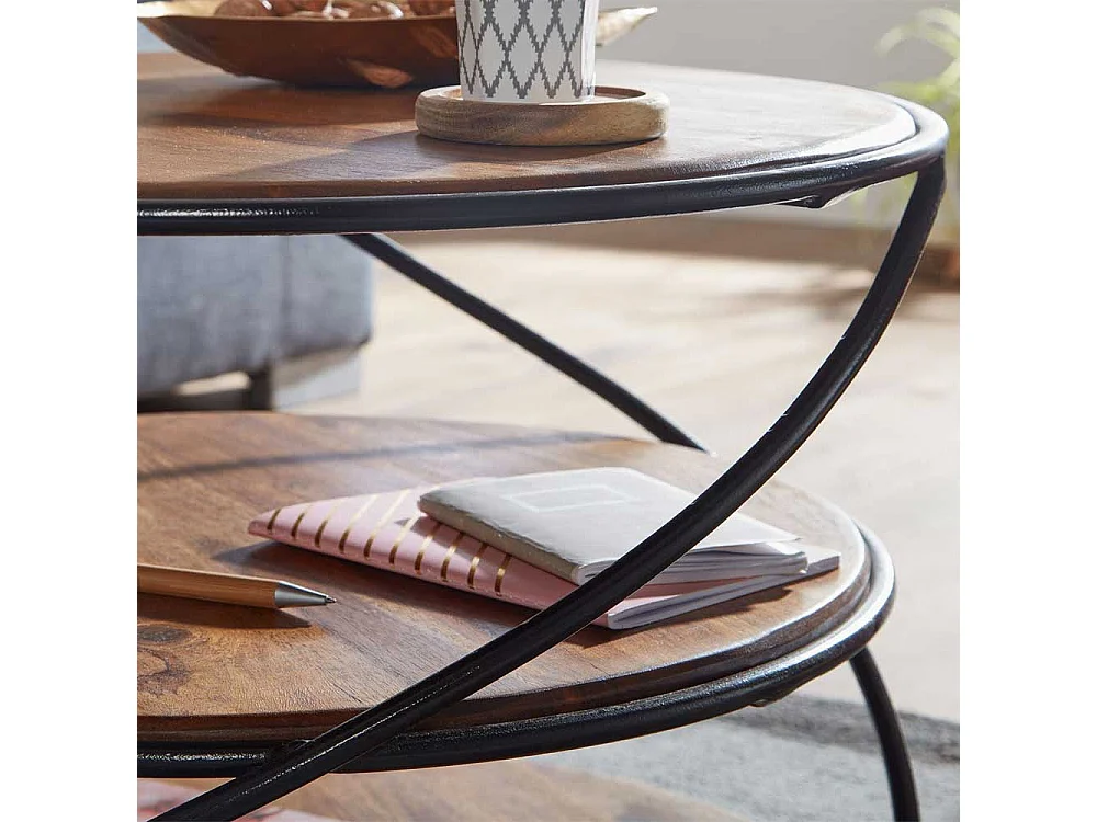 Moderner Wohnzimmertisch mit zwei Ablagen Sheesham Massivholz