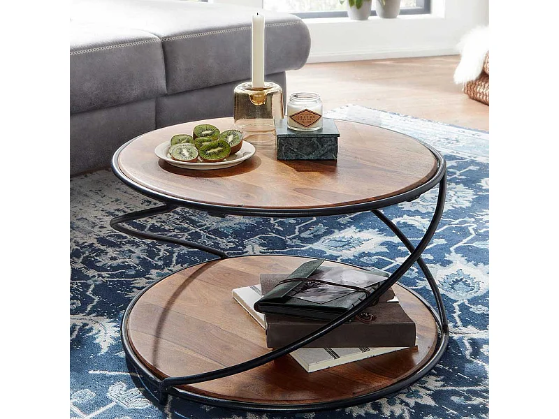 Runder Couchtisch aus Sheesham Massivholz und Metall 58 cm Durchmesser